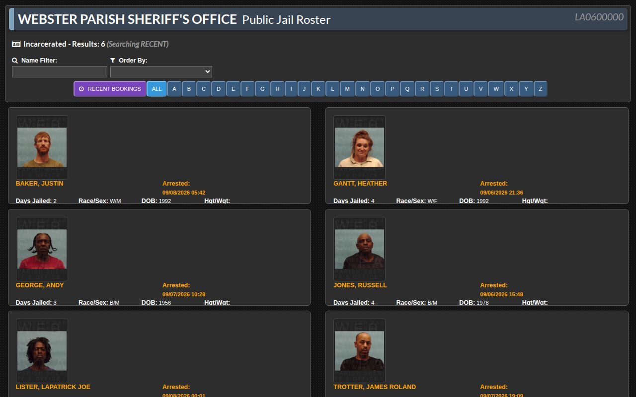 Webster Parish recent arrest roster search controls