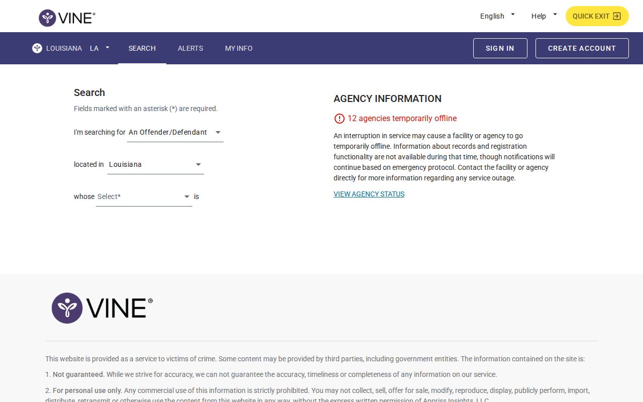 Louisiana VINELink person search by name or custody identifier