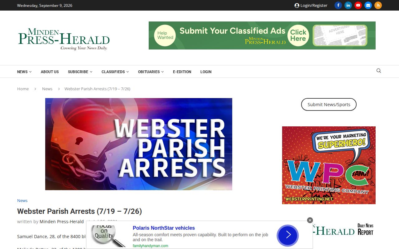 Dated Minden Press-Herald Webster Parish arrest report