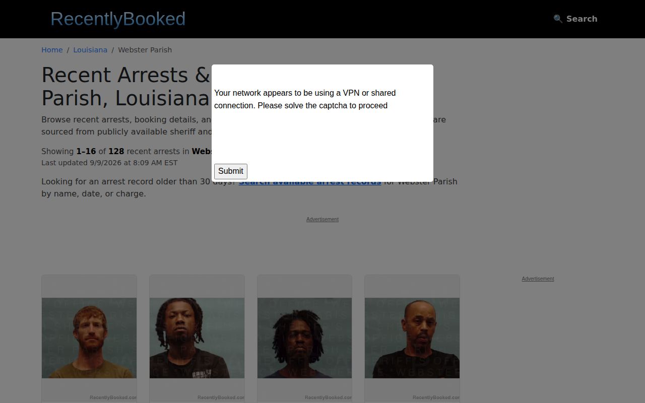 Unofficial RecentlyBooked Webster Parish landing page and disclaimer